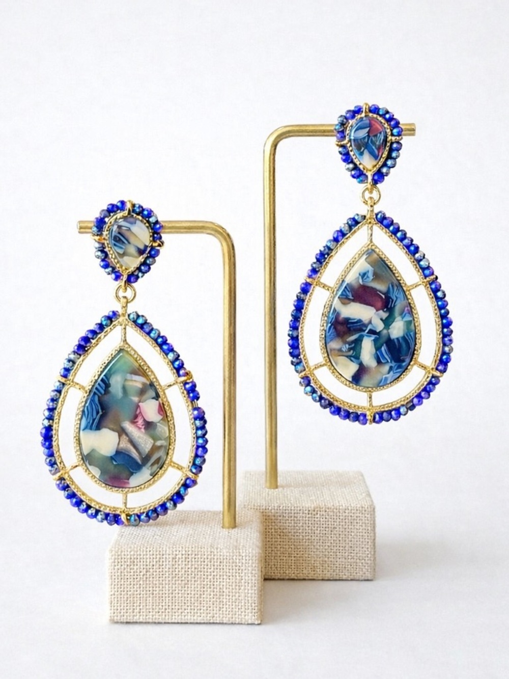 Genuine Crystal Teardrop Statement Earrings Blue Gold Beaded Dangle